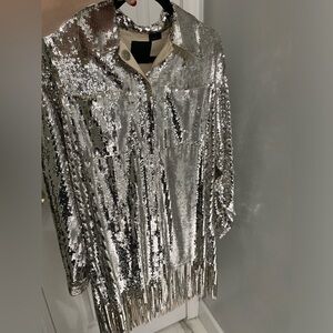 Pinko Silver Sequin Fringe Midi Dress